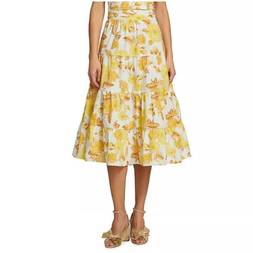 BA&SH Nonder Floral Printed Ruffle Tiered Midi Skirt Yellow Cotton MED $255 NWOT